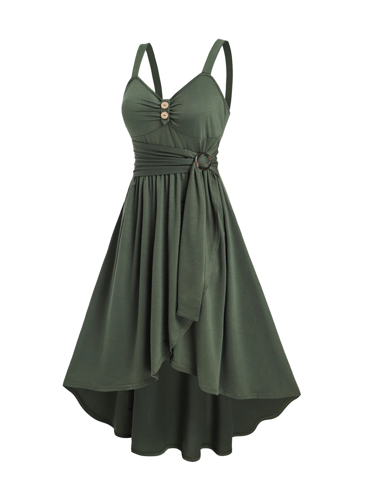 2025 Women's Plain Color Mock Button Empire Waist Ruched Bust Dress Asymmetrical Hem Overlap Self Belted Casual Dress