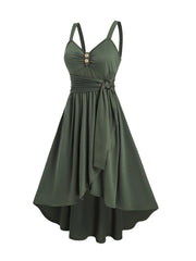2025 Women's Plain Color Mock Button Empire Waist Ruched Bust Dress Asymmetrical Hem Overlap Self Belted Casual Dress