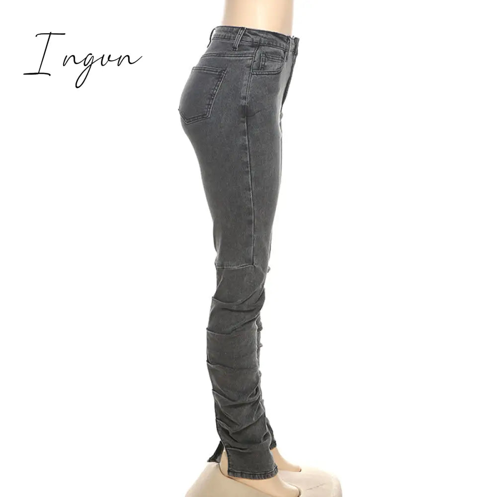 Ingvn - Grey Split Denim Stacked Pants Zip Up Baddie Style Streetwear Pencil Jeans For Women High Waist Bodycon Ruched Trousers