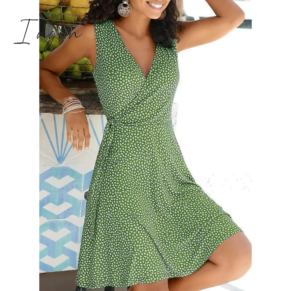 Ingvn - New Casual Polka Dot Dress Women V Neck Sleeveless Bandage Beach Dress Summer Bohemian Dresses For Women