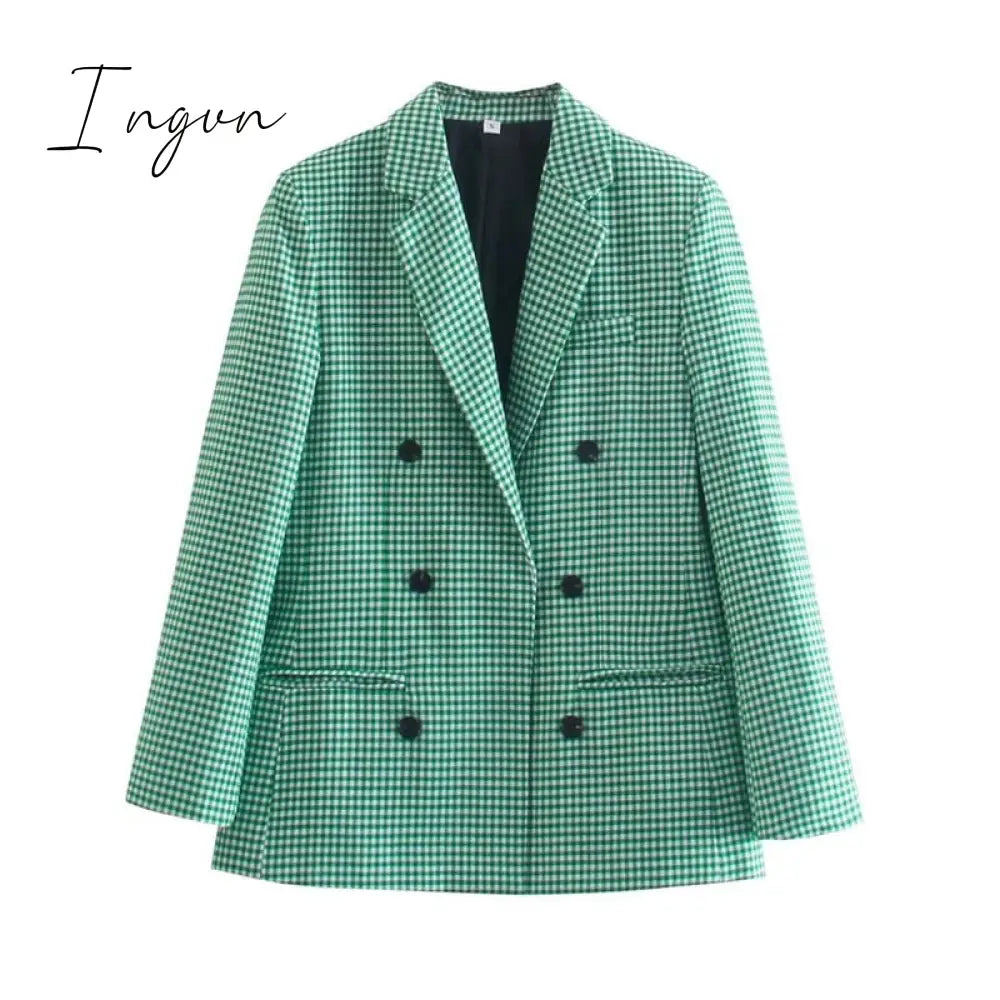 Ingvn - Fashion Autumn Women Plaid Blazers and Jackets Work Office Lady Suit Slim Double Breasted Business Female Blazer Coat Talever
