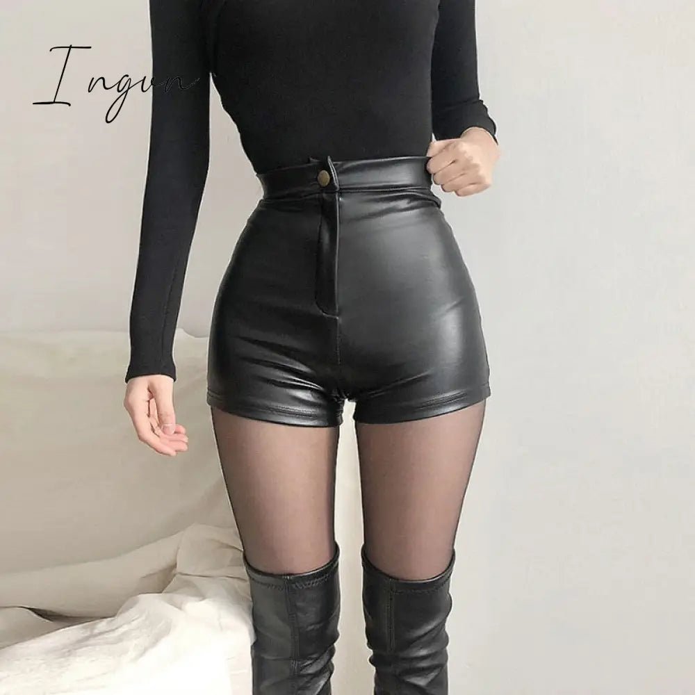 Ingvn - New Sexy Women Black Ultra Pu Leather Shorts Women's Autumn And Winter High Waist Bottoms Tight Sexy Shorts