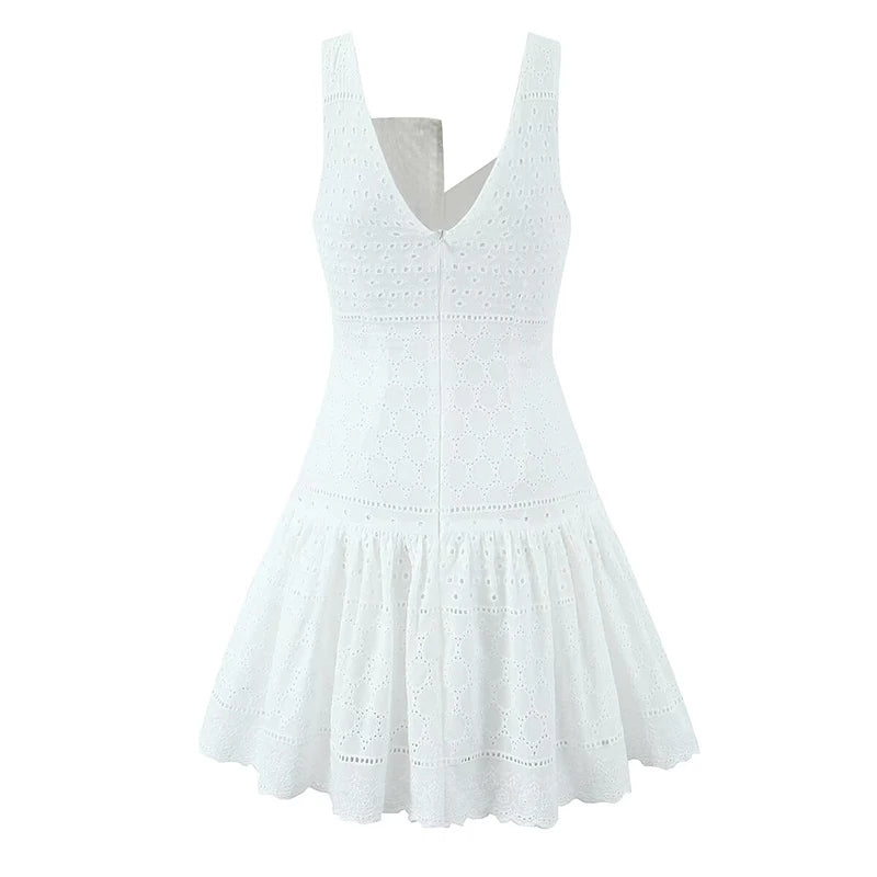 Front Button Hollow Out Embroidery White Tank Dress For Women Sleeveless Low Waist A-line Mini Holiday Summer Dresses
