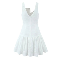 Front Button Hollow Out Embroidery White Tank Dress For Women Sleeveless Low Waist A-line Mini Holiday Summer Dresses