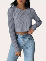 Classic Elegant Long Sleeve T-Shirt - Timeless Solid Crew Neck Design, Ribbed Cuffs, Versatile Wear for Spring and Fall - Womens Everyday Clothing