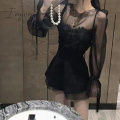 Ingvn - Black French Retro Top Women Summer Women Long Sleeve Mesh Shirt Sexy Slimming Blusas De Mujer Lace Sling Shorts Elegant Set