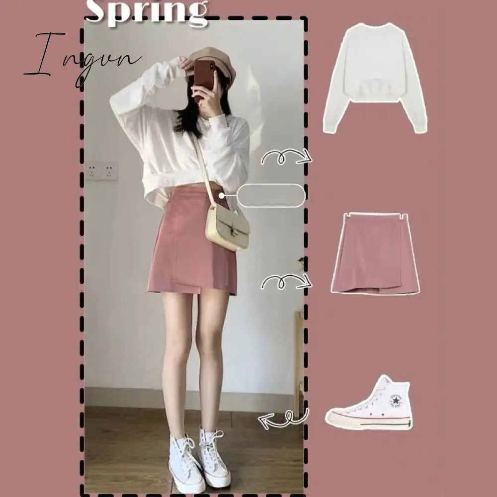 Ingvn - Oversize Sets Women Lovley Fashion Chic Spring Fall Korean Girls 2 Piece Outfits Simple Basic Crop Top Popular Sexy Mini Skirts