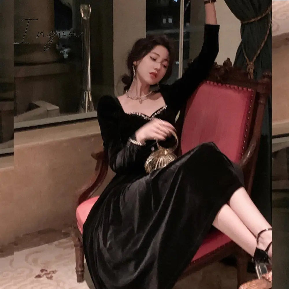 Ingvn - Summer New Elegant Spaghetti Strap Velvet Vintage Black Dress Women Sexy Prom Evening Party Fashion Clothing