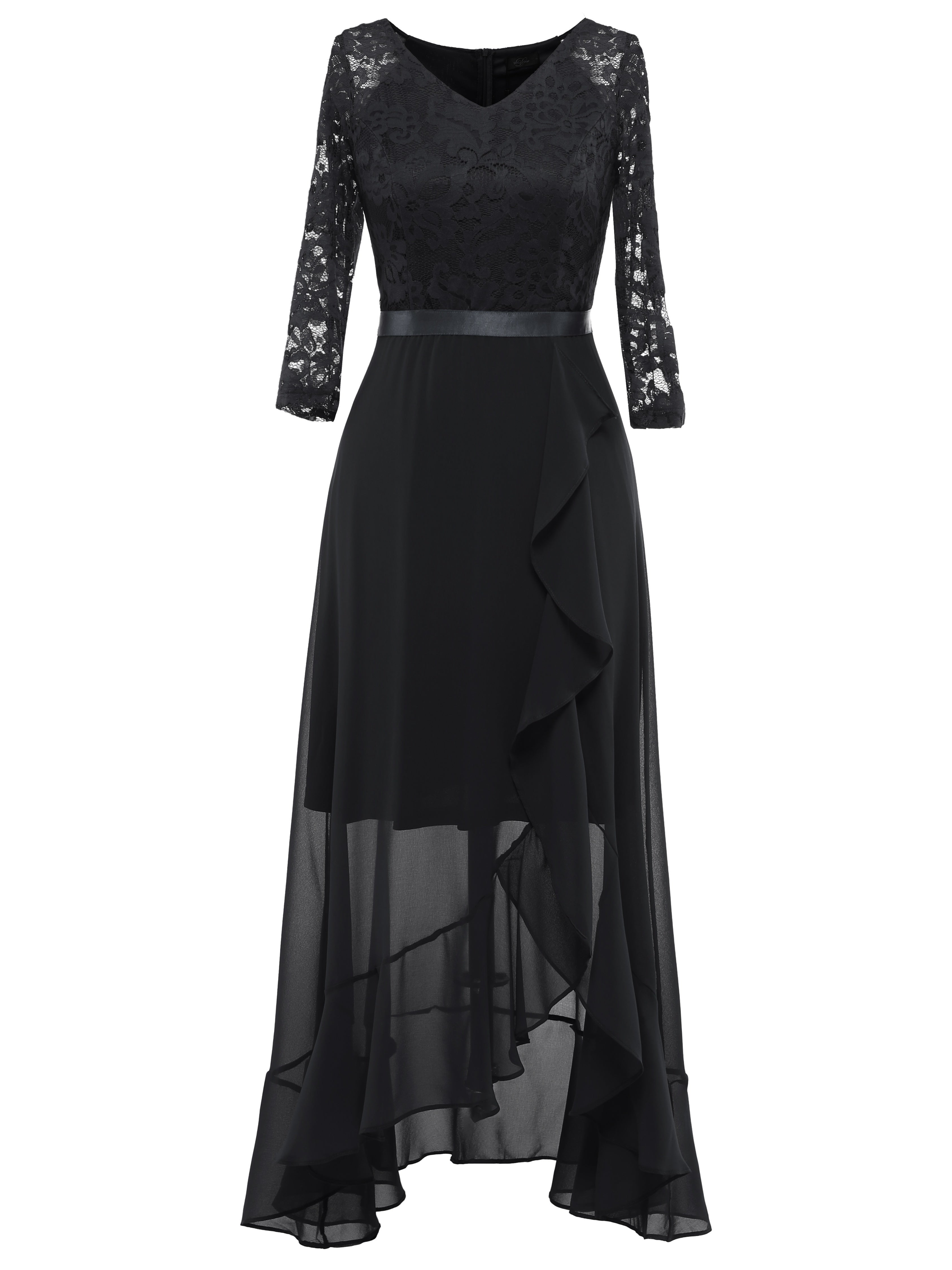 Solid Lace Splicing Aline Dress, Elegant V-neck Ruffle Hem Asymmetrical Dress For Wedding Party, Women's Clothing Wedding graduation engagement occasion ceremony party holiday vacation birthday