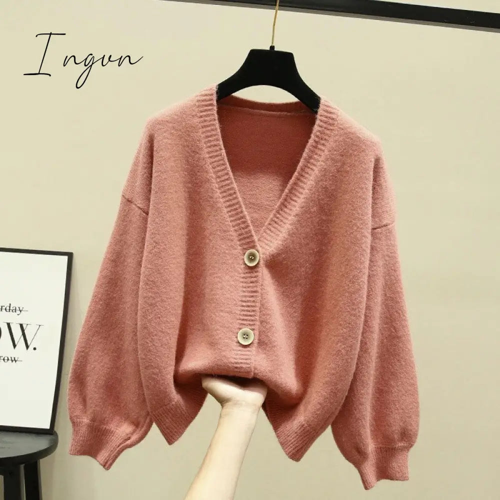 Ingvn - Oversized Cardigan Women Spring Casual Solid V Neck Long Sleeve Cardigan Sweater Female Knit Jacket Coat Green Pink