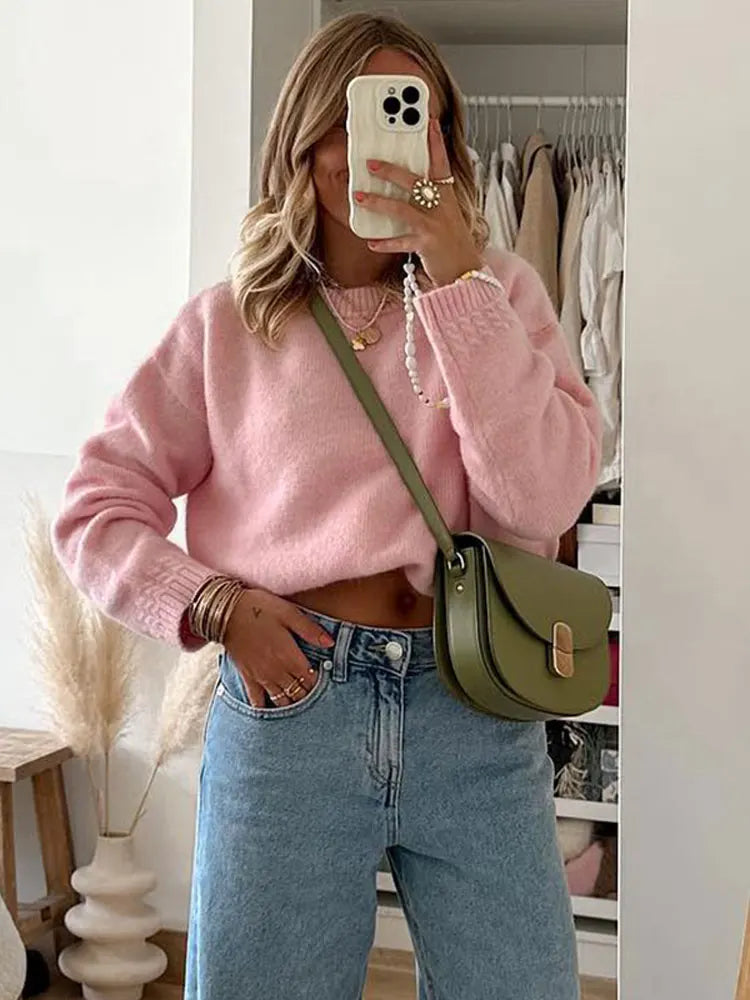 Solid Knit O-neck Elegant Women Pullover Long Sleeve Oversized Loose Soft Warm Sweater  Autumn Chic Casual Office Knitwears