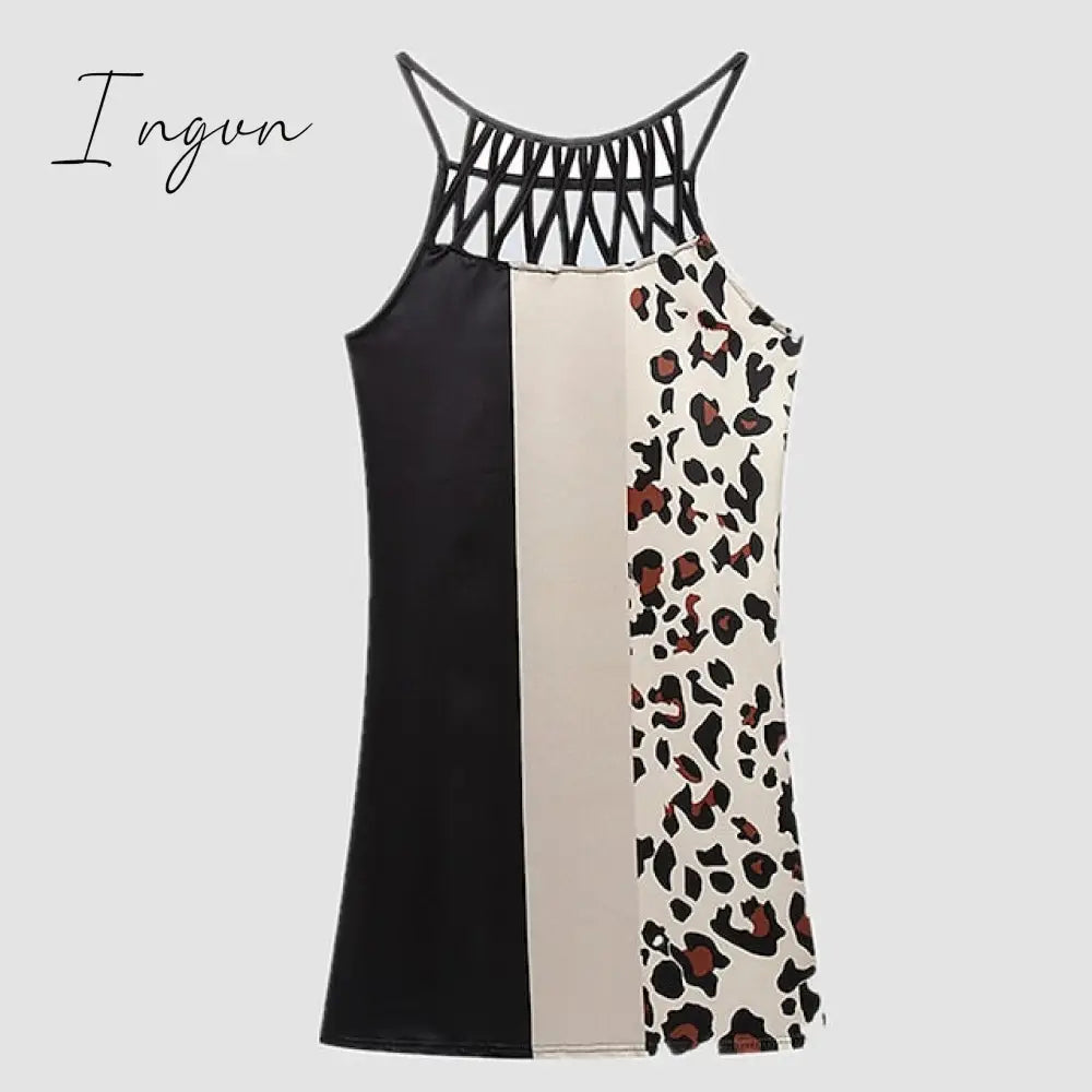Ingvn - Women's Casual Dress Halter Neck Dress Midi Dress Leopard Black Wine Sleeveless Geometric Cut Out Summer Spring Halter Fashion Vacation 2023 S M L XL XXL 3XL
