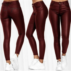 Ingvn - Pure Color Leather Casual Pants Small Feet Pants Spring Women Pu Leather Pants Black Sexy Stretch Bodycon Leather Pants High Red