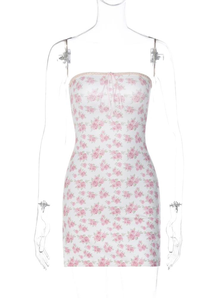 Floral Print Strapless Backless Lace Up Sexy Bodycon Mini Prom Dress Summer Women Fashion Outfit Beach Party Vacation