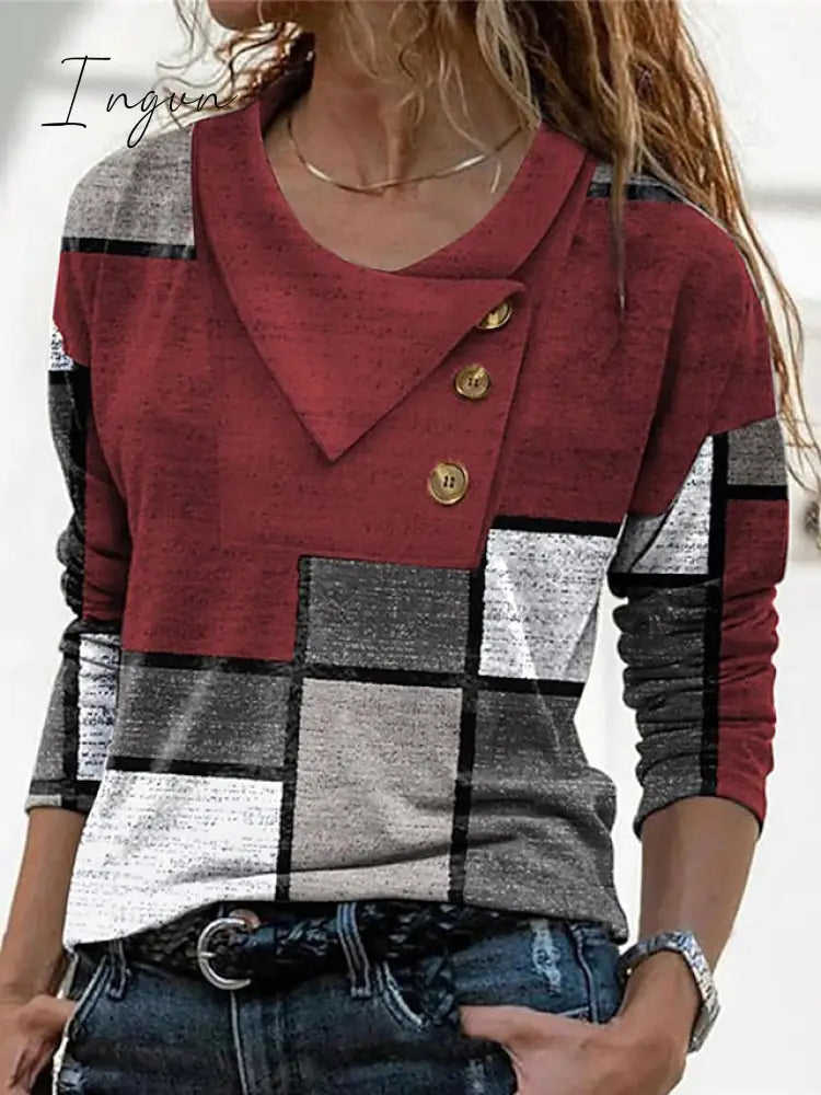 Ingvn - Women's T shirt Tee Red Navy Blue Blue Geometric Abstract Button Print Long Sleeve Casual Weekend Basic Pile Neck V Neck Geometric Painting