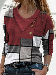 Ingvn - Women's T shirt Tee Red Navy Blue Blue Geometric Abstract Button Print Long Sleeve Casual Weekend Basic Pile Neck V Neck Geometric Painting