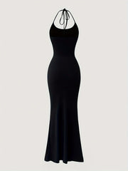 Solid Color Halter Neck Mermaid Dress - Sexy Backless Slim Fit, Flattering Ruffles, Flowy Hem, Perfect for Spring & Summer, Women's Stylish Clothing for Outdoor Events