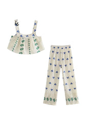 Voguable  Cotton Linen Beige Folk Vintage Sleeveeless Women Sets Casual Crop Top Wide Leg Slip Pants Suits Summer Floral Sets