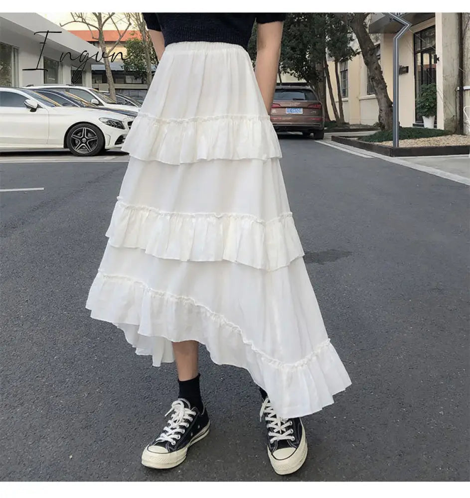 Ingvn - Midi Long Skirts Womens Maxi Skirt Goth Lolita Summer High Waisted Asymmetrical High Low Ruched Ruffle Skirts rok
