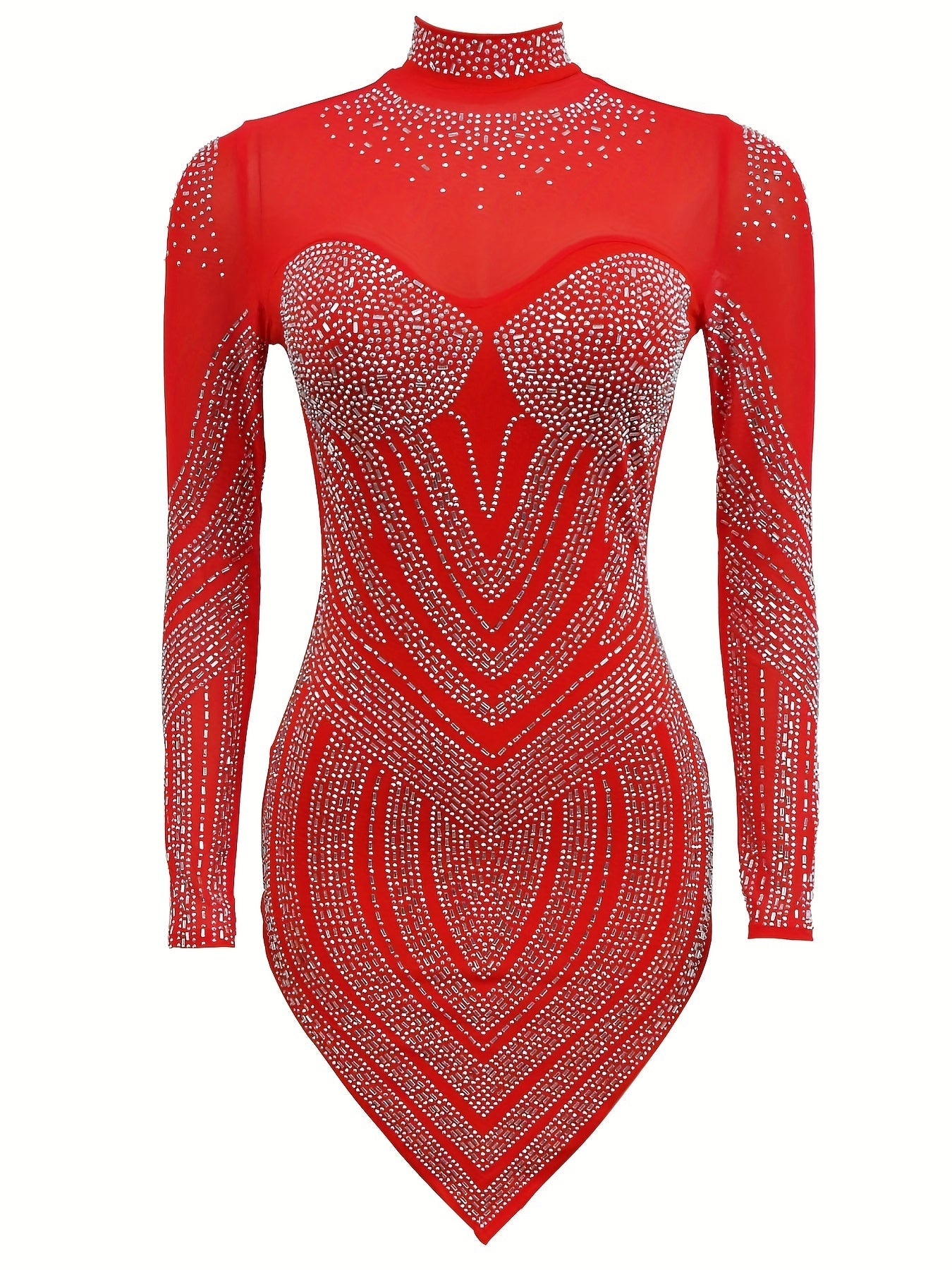 Rhinestone Semi-Sheer Dress, Sexy High Neck Long Sleeve Bodycon Party Dress, Women's Clothing