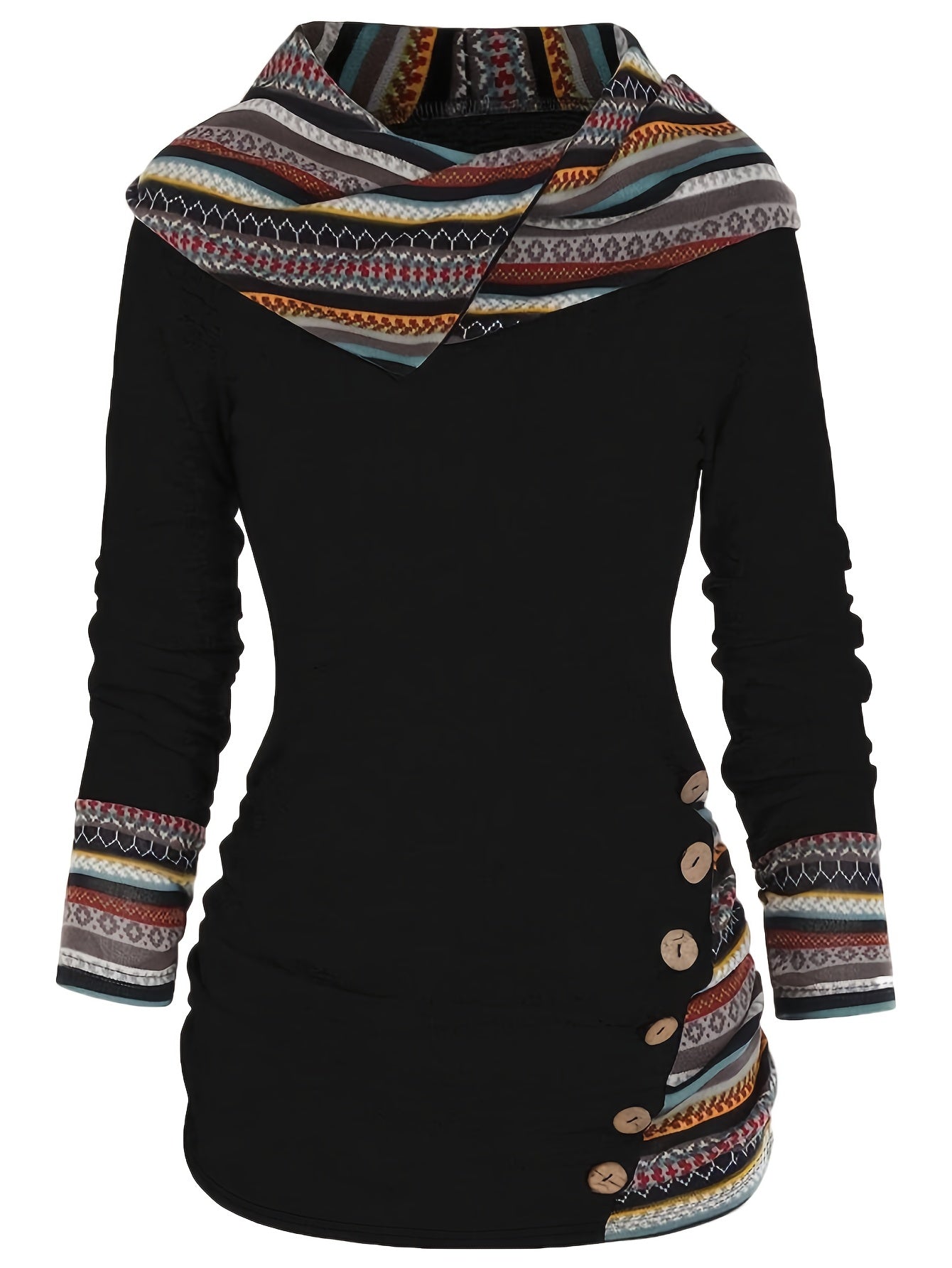 Stripe Splicing Button Decor Hoodie, Casual Long Sleeve Hoodie, Women's Clothing