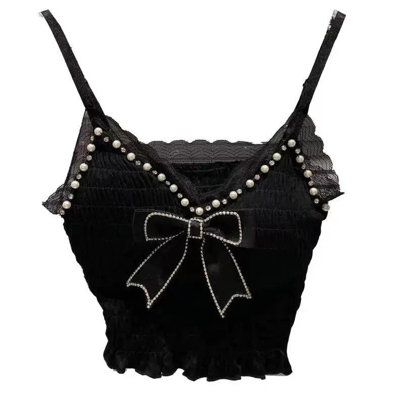 Summer Lace Bow Camisole for Women Pleated Crop Tops Vintage Clothes Harajuku Solid Sexy Ladies Sweet Elegant Camisole