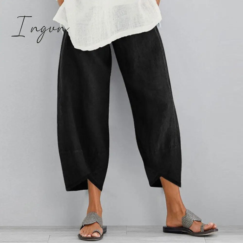 Ingvn - Vintage Harem Pants Women Casual Loose Printed Elastic Waist Cotton Linen Wide Leg Pants Summer Irregular Pantalon Cropped Pants