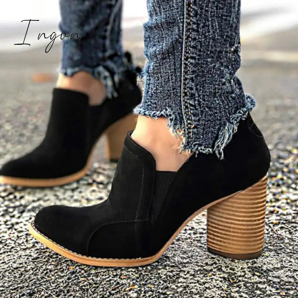 Ingvn - Elegant Slip On Chunky Heel Ankle Boots