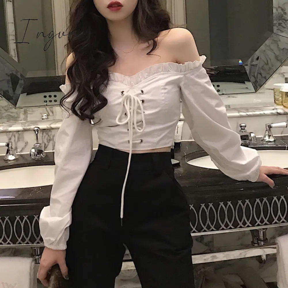 Ingvn - Womens Off Shoulder Top Long Sleeve Ruffle Vintage Blouse With Puff Sleeves Lace Up Ladies Tops Bandage Crop Tops Black White