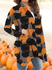 Halloween Pumpkin Pattern Cardigan, Casual Open Front Long Sleeve Cardigan For Spring & Fall, Women's Clothing
