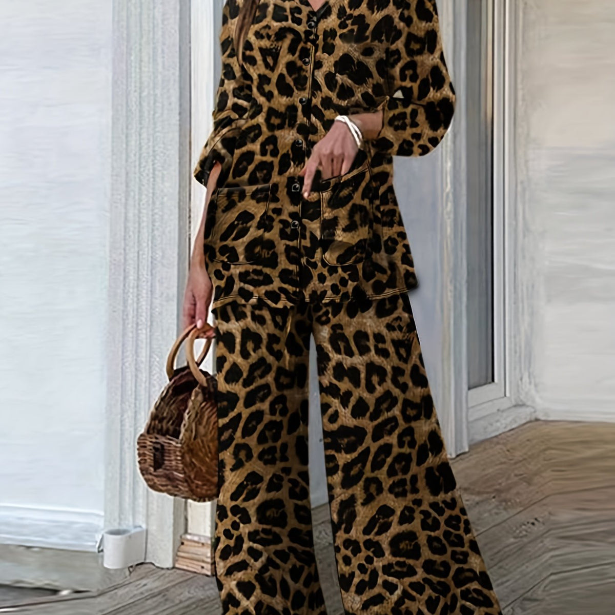 Plus Size Casual Outfits Two Piece Set, Women's Plus Leopard Print Button Up Long Sleeve Turn Down Collar Blouse & Wide Leg Pants Outfits 2 Piece Set