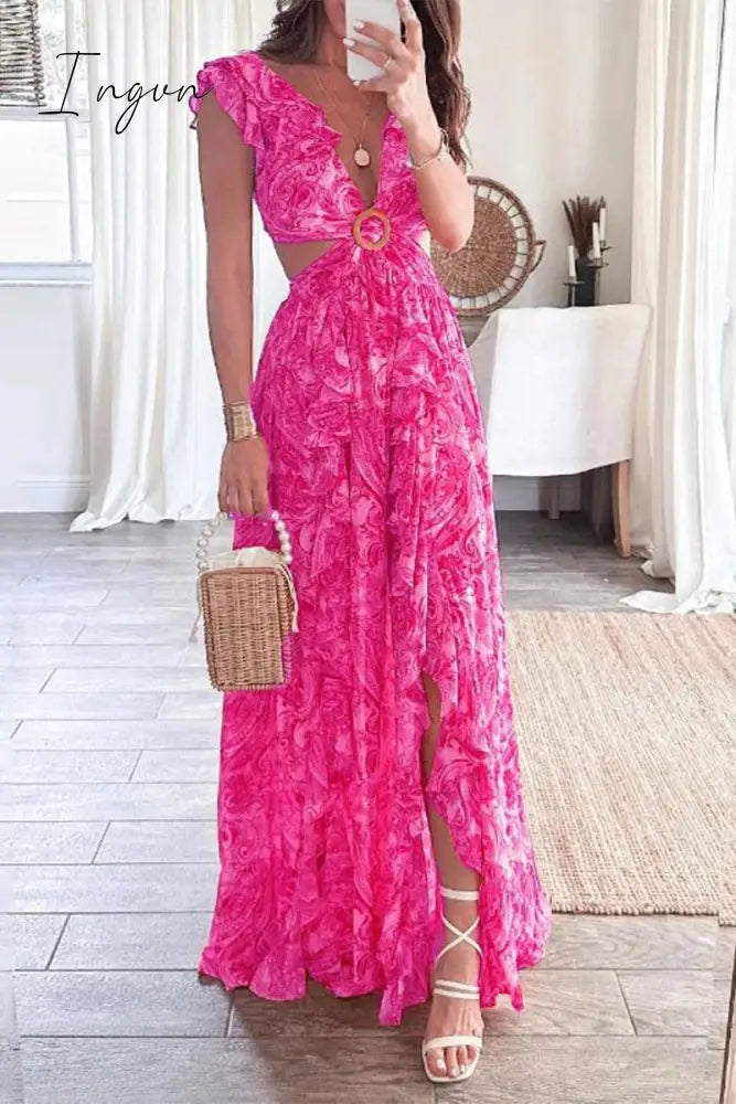 Ingvn - Sexy Floral Backless V Neck Printed Dress Dresses