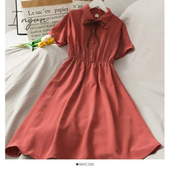 Ingvn - Dress Women Chiffon Bow Solid High Waist Turn-down Collar Preppy Style Kawaii Ulzzang Popular Temperament Girls Summer Holiday