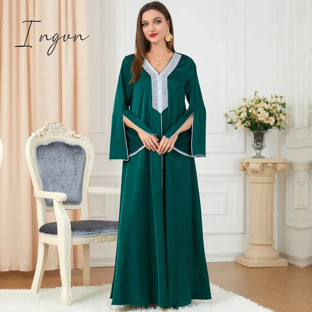Ingvn - Party Dress Muslim Women Abaya Prayer Caftan V Neck Diamond Maxi Dresses Robe India Abayas Dubai Longue Vestidos Largos