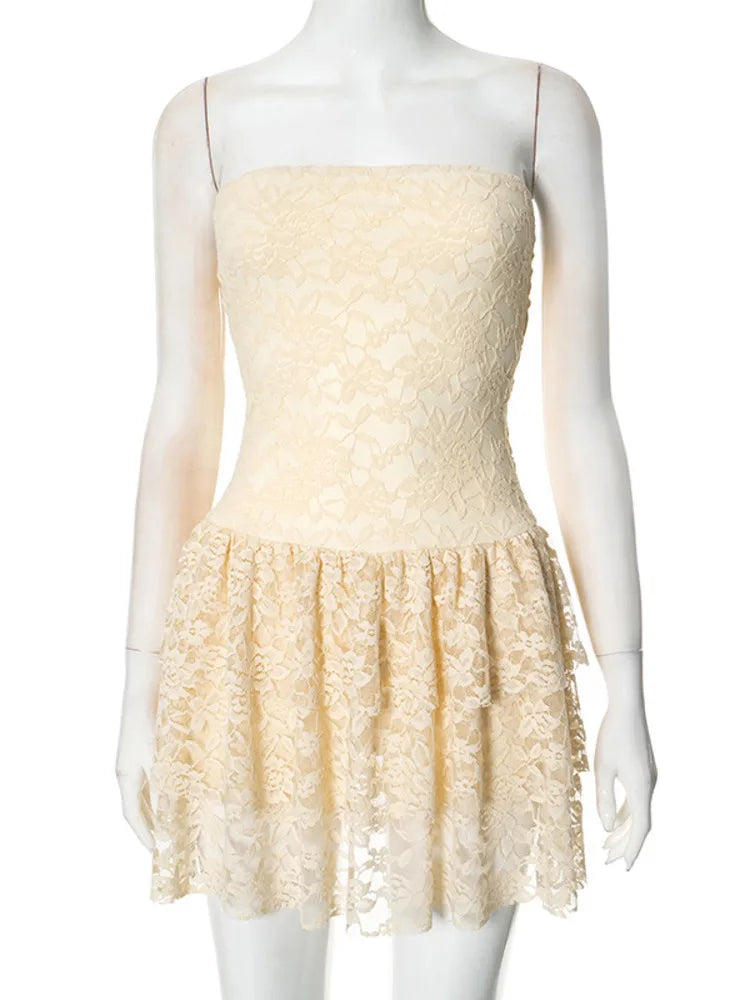 Off-shoulder Strapless Sexy Mini Dress For Women Elegant Lace Sleeveless Backless High Waist Pleated Cake Dress