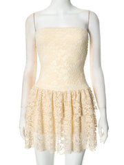 Off-shoulder Strapless Sexy Mini Dress For Women Elegant Lace Sleeveless Backless High Waist Pleated Cake Dress