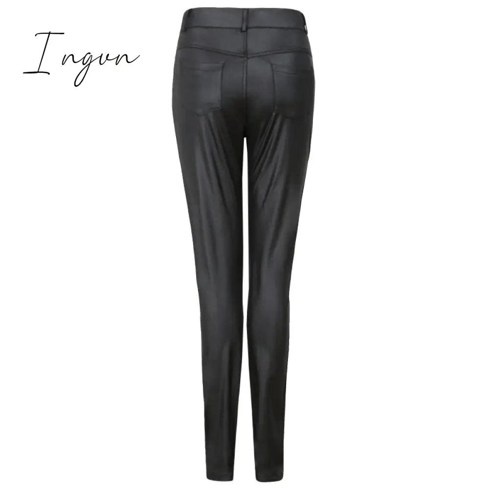 Ingvn - PU Leather Pants Women High Waist Button Zipper Slim Push Up Woman Pencil Pants Casual Pockets Blue Skinny Women Pants Plus Size