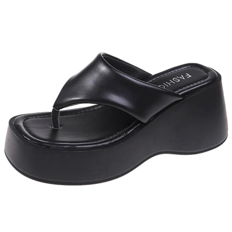 Silver PU Leather Chunky Paltform Flip Flops Women Fashion High Wedges Thong Sandals Women Summer Non-Slip Thick Sole Slippers
