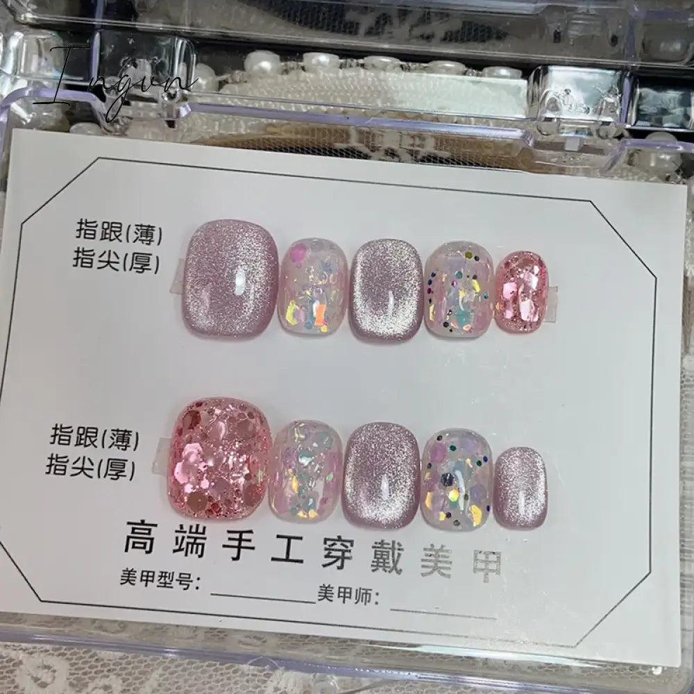 10Pcs Glitter Short Handmade Press On Nails Fake Nails Full Cover Cat Eye Square Head Artificial Manicure Wearable Nail Tips Art