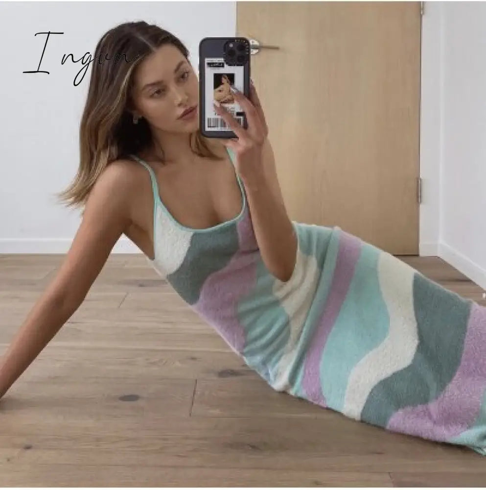 Ingvn - Paisley Print Knit Dress Women Green Y2K Summer Sexy Bodycon  Sleeveless Spaghetti Strap Beach Party Midi Dresses