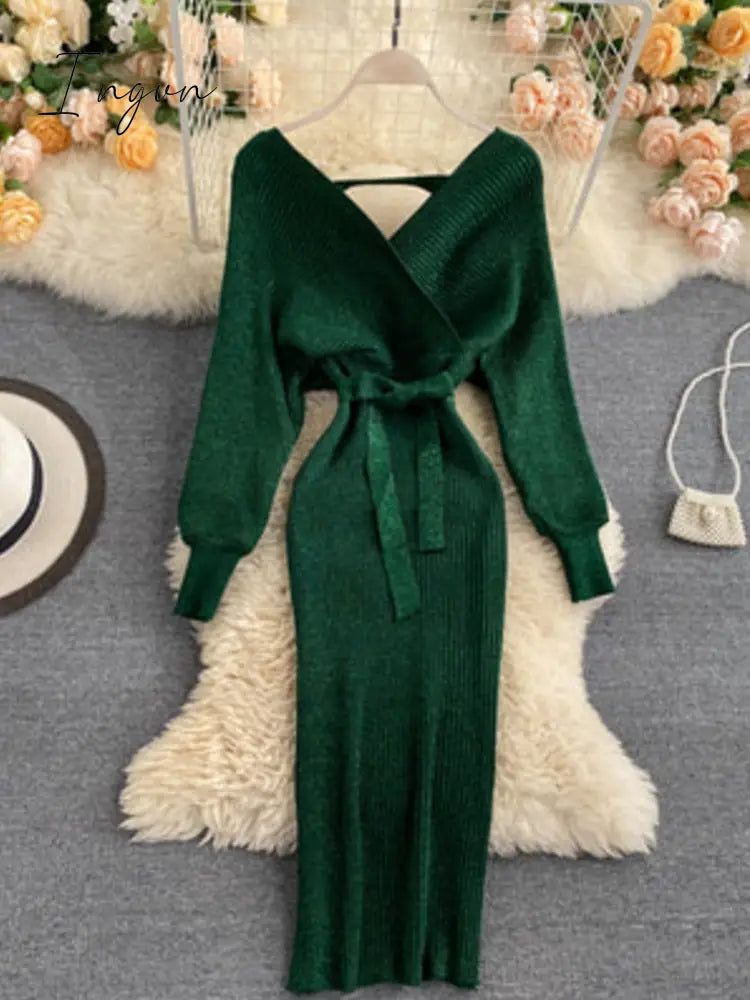 Ingvn - Sparkling Sexy Party Dress Woman Sweater Elegant Slim V-Neck Basic Knitted Green Vintage Dresses Female Autumn Winter Bat Sleeve
