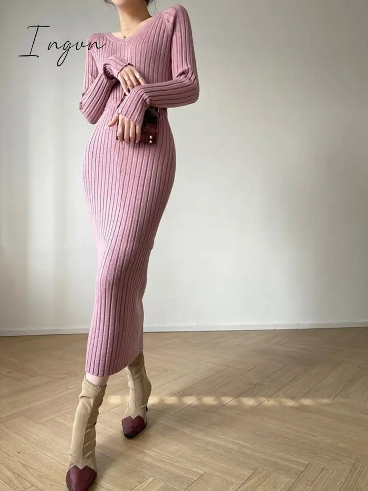 Ingvn - Winter Base Clothes 2023 Autumn New Bodycon Knitted Midi Dress Women Fashion Korean Warm Long Sweater Vestidos Female Elegant