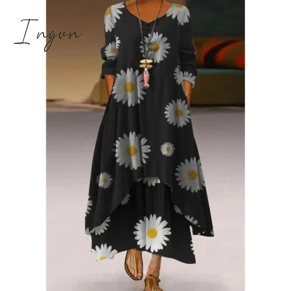 Ingvn - Fashion Summer Maxi Dress Women's Printed Sundress Casual Short Sleeve Vestidos Female High Waist Robe Femme midi elbise