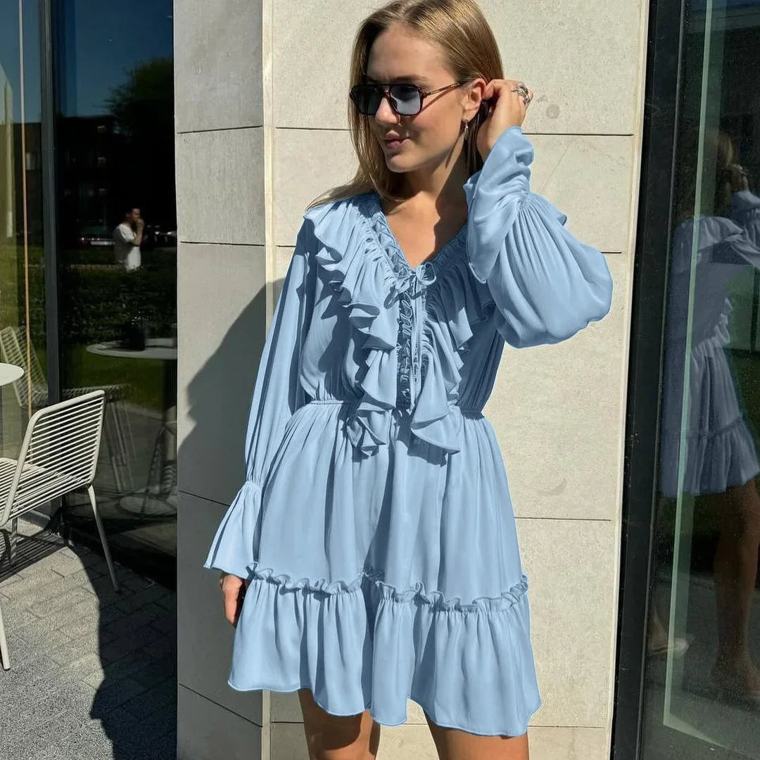 Ingvn  Fall V-neck Flare Sleeve Ruffles Short Dresses Streetwear Women's High Waist Lace-up Tunics Ruched A-line Pink Party Dress