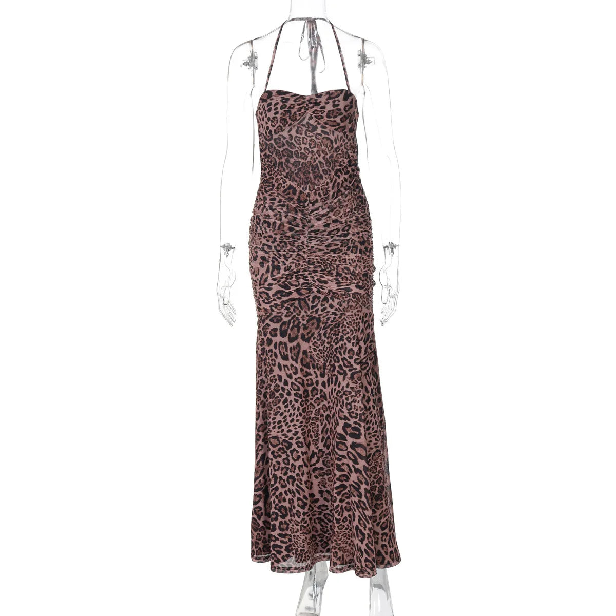 Leopard Print Backless Sexy Maxi Dress For Women Gown Halter Off-shoulder Sleeveless Bodycon Beach Long Dress Vestido
