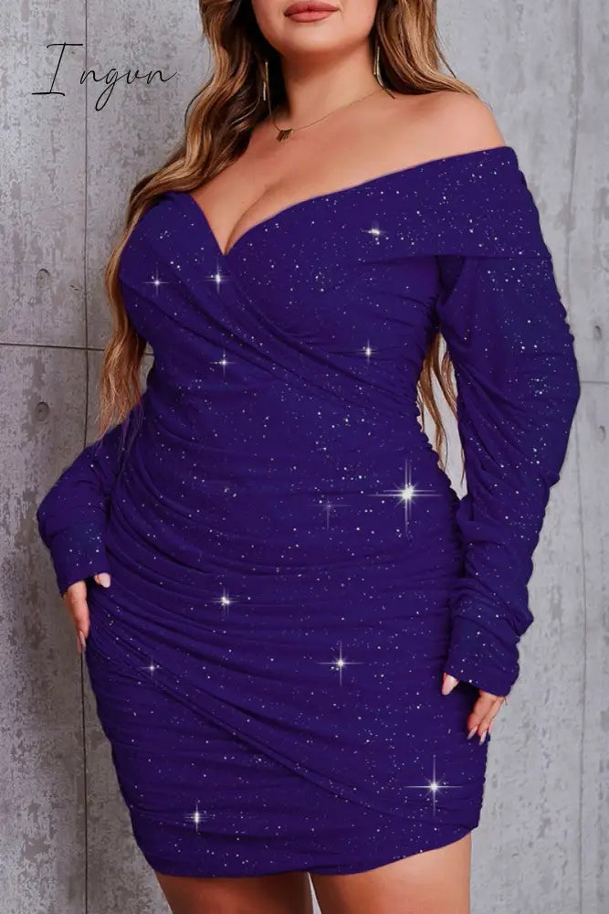 Ingvn - Sexy Casual Solid Fold V Neck Long Sleeve Plus Size Dresses