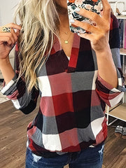 Casual Plaid Shirt, Long Sleeve V-neck Shirt, Casual Every Day Tops, Women's Clothing