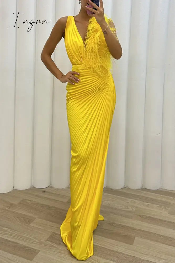 Ingvn - Sexy Solid Patchwork Pleated V Neck Long Dress Dresses