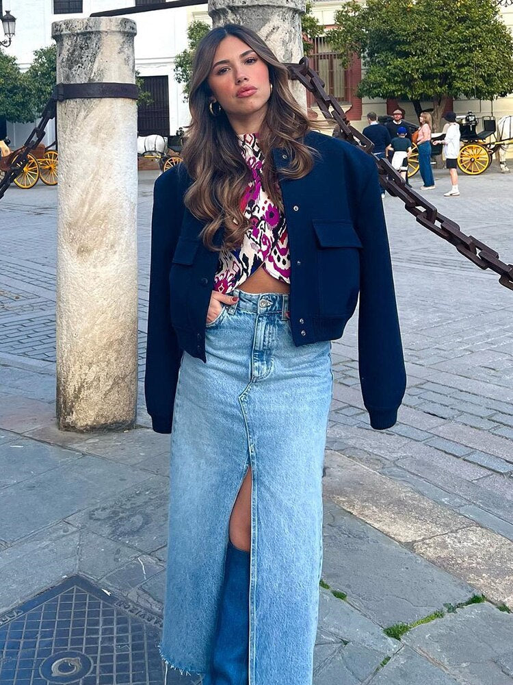 Tassel Trimmed Women Elegant Straight Slit Maxi Denim Skirt Spring Summer Fashion Cotton Pockets Fashion Long Skirt