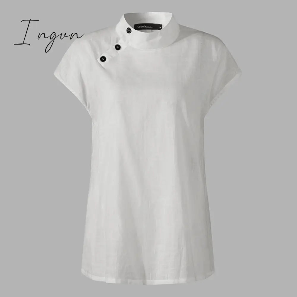 Ingvn - New Stylish Tunic Tops Plus Size Women Short Sleeve Summer Blouses Buttons Solid Cotton Linen Tops Casual Loose Blusas Femme